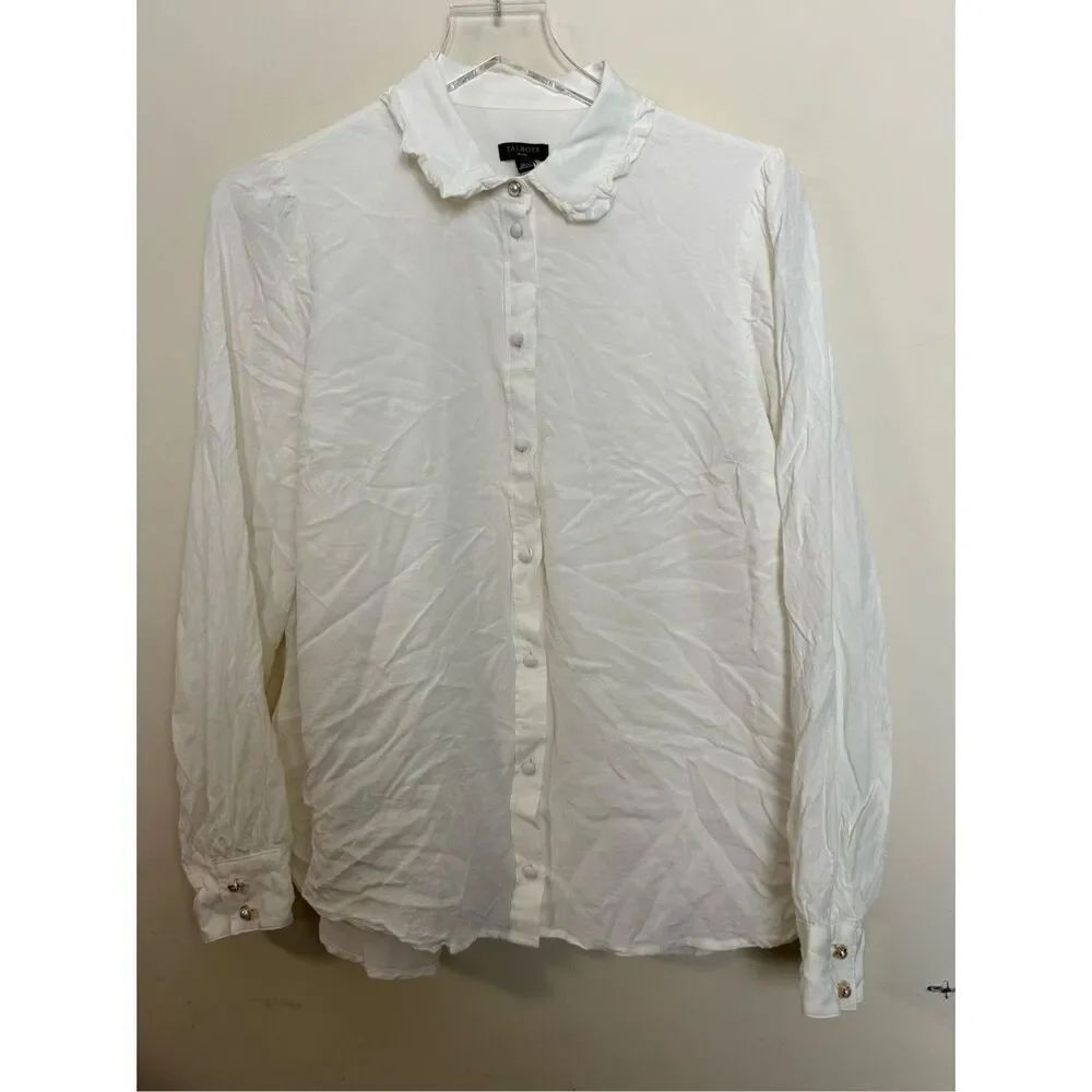 Talbots 100% Rayon Button Up Pearl Buttons Lettuce Collar Blouse Dressy XL Petit